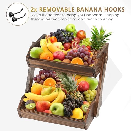 Large Capacity 2-Tier Wooden Fruit Basket, Durable Acacia Wood, 10.5" Tall, Spacious for Produce, Vegetables, Bread Storage and Home Kitchen Countertop - Image 2