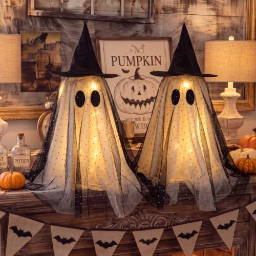 SiliFine 2 Pack Halloween Light up Ghost Decorations with Witch Hats, Black - Image 2