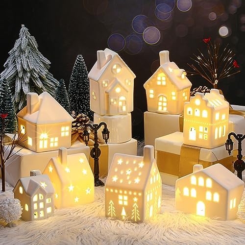 Cindeer 26 Pcs Ceramic Christmas Village Set LED Lighted White,Classic - Image 5