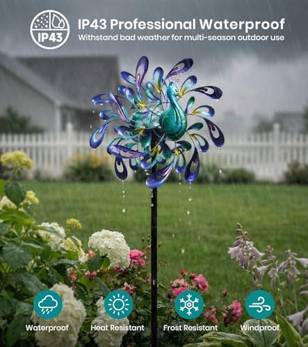 Peacock Wind Spinners Outdoor Kinetic Turquoise Green Garden Yard Art - Image 5