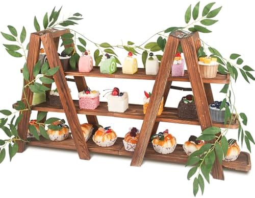 Wisreach Wooden 3-Tier Cupcake Stand with Removable Trays & Vine Decoration — Foldable Party Display Serving Ladder with Platter for Cake, Snacks, Fruits, Chips, Bread by Wisreach