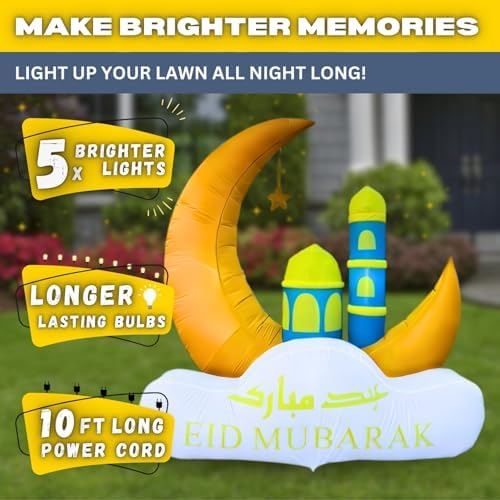 6FT Ramadan Inflatable Yellow Crescent Moon with Double Minaret - Islamic Ramadan Decor for Outdoor Front/Back Lawns, Built-in LED Lights and Fan - Image 4