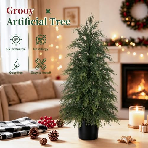 Grooy 3FT Artificial Cedar Topiary Trees, 2 Pack Fake Shrubs with Pot - Image 3