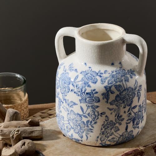 Ceramic Vase with Handles, Vintage Utensil Holder, Flower Decorative Vase Chinoiserie Decor Rustic Farmhouse Retro Floral Vases for Table Bookshelf Mantel Kitchen Living Room Office - 6.7” Blue 017 by ooit