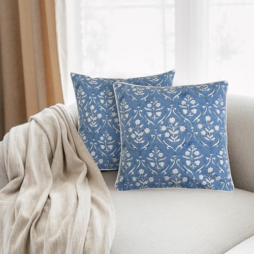 Ridhi Block Print Cornflower Blue Pillow Cover 24" x 24" (Pack of 2) Decorative Couch Pillows for Living Room, Chic Boho Cute Outdoor Pillows Covers Gifts for Spring, Easter and Valentine - Image 2