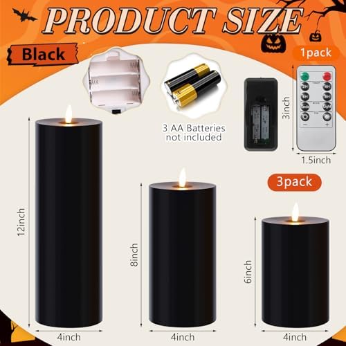 Retisee 3 Pcs 6/8/12" Halloween Black Flameless LED Candle Decor for Home - Image 2