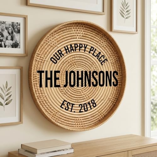 Personalized Family Name Sign, Custom Faux Rattan Wall Decor, "Our Happy Place" Boho Wicker Plaque, Flat MDF Board with Realistic 3D Print (Not a Real Woven Basket), Casual Home Art - Image 4