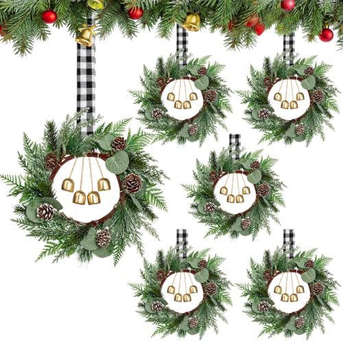 Dingion 6 Pcs 6 Inch Mini Christmas Cabinet Wreath with Black Plaid Bow by Dingion