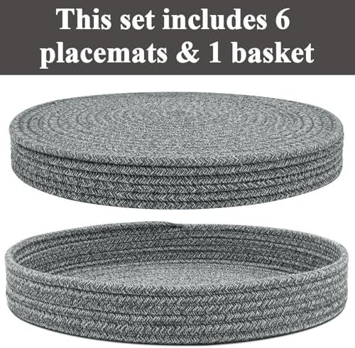 Round Placemats Set of 6 with Holder, Cotton Rope Woven Place Mats, Hot Pads for Kitchen, Heat Resistant Table Mats, 13 Inch Farmhouse Washable Braided Placemat for Kitchen Decor (Dark Gray) - Image 2