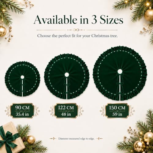 DarkGreen Velvet Christmas Tree Skirt with Ruffled Edge&Pearls,60" - Image 6