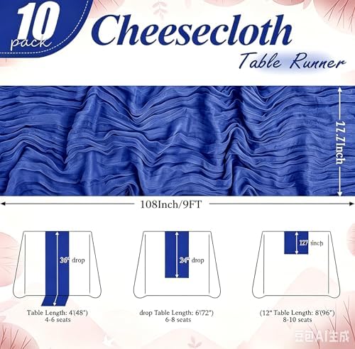 10 Pack Roal Blue Cheesecloth Table Runner 17"x108" Boho Gauze Fabric Table Runner Vintage Rustic Sheer Runners for Wedding Party Bridal Baby Shower Table Decorations - Image 2