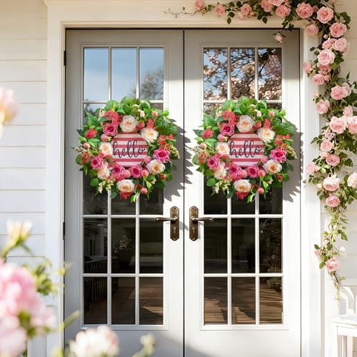Spring Summer Wreaths for Front Door Outside, 24 Inch Peony & Rose Floral Summer Wreath with Pink Peach Farmhouse Door Decor, Spring Wreaths for Front Door, Spring Door Wreath for Front Door Outside - Image 2