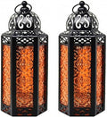 VELA LANTERNS 2pk Moroccan Candle Lantern Decorative Candle Holder Lamp for Table or Hanging, Indoor Home Decor, Outdoor Patio or Porch, Weddings, Black Metal, Medium, Amber Glass by VelaCandleLanterns
