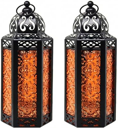 VELA LANTERNS 2pk Moroccan Candle Lantern Decorative Candle Holder Lamp for Table or Hanging, Indoor Home Decor, Outdoor Patio or Porch, Weddings, Black Metal, Medium, Amber Glass by VelaCandleLanterns