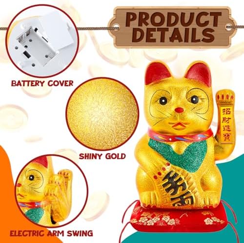 Suzile 9" Lucky Cat Maneki Neko Waving Arm, Golden Beckoning Cat - Image 3