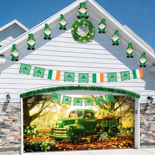 St Patricks Day Garage Door Banner 157.5x70.9in Large Garage Door Cover Outdoor Decorations Green Truck Shamrock Holiday Backdrop with 8 Grommets & 393.7in Rope - Image 6