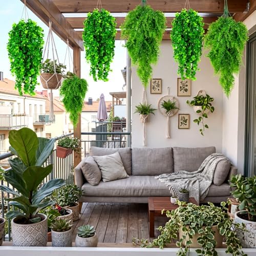 Daifunli 24 Pcs Artificial Hanging Plants Fake Hanging Ferns Plastic Fake Plant for Wall Room Garden Garland Indoor Outdoor Decor No Basket (Boston,Eucalyptus) - Image 2