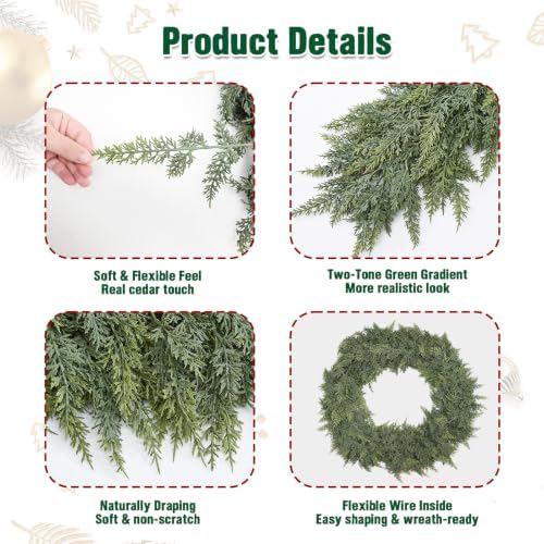 12FT Christmas Cedar Garland, Extra Full Greenery Garland with 1500 Cedar Pines, Real Touch Two-Tone Evergreen Garland for Mantle, Fireplace, Table, Stairs, Door, Porch, Indoor Outdoor Decorations - Image 3