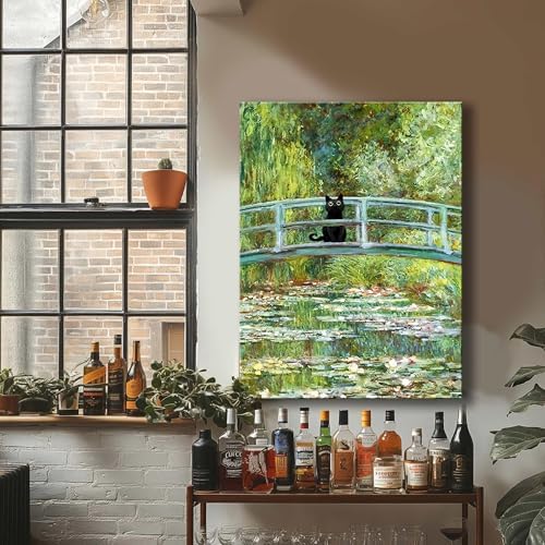 XYHYRA Framed Black Cat Canvas Wall Art, Vintage Monet Landscape Water Lilies Wall Decor Painting, Funny Cat Poster Prints Picture for Bedroom Bathroom Living Room Room Aesthetic Decor 16x24 inch - Image 5