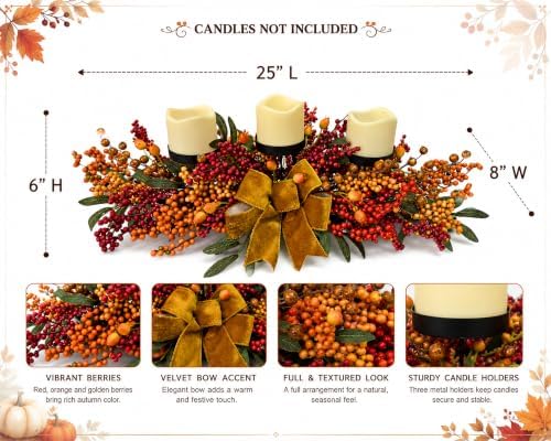 25 Inch Fall Candle Holder Centerpiece with Berry Branches and Bow - Image 2