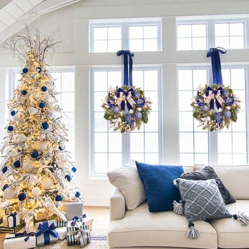 Pre-Lit Christmas Wreath for Front Door with Timer 20 Lights,Lighted Christmas Wreath Silver Blue Xmas Ball for Fireplace Window Outdoor Table Centerpiece Holiday Decoration,Magnolia Winter wreath-20 - Image 3