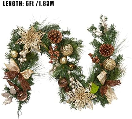 6ft Prelit Christmas Garland with 20 Lights, Xmas Fake Vines with Bows Christmas Balls Flowers Berries Greenery Christmas for Front Door Fireplace Mantel Porch Holiday Decorations - Image 4