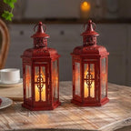 JHY DESIGN Set of 2 Decorative Candle Lanterns 10“H Vintage Hanging Lanterns Metal Candleholders for Indoor Outdoor Events Parities Gothic and Halloween (Red with Black Brush) - Image 2