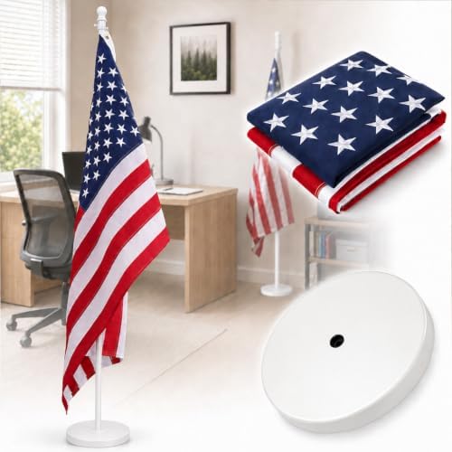 American Flag with Pole and Stand - Heavy Duty 1" Free Standing Indoor Flagpole Set with 3x5ft Embroidered US Flags,Weighted Base, 6-8 FT Adjustable Portable For Office, Church,School (White) by Barcetine