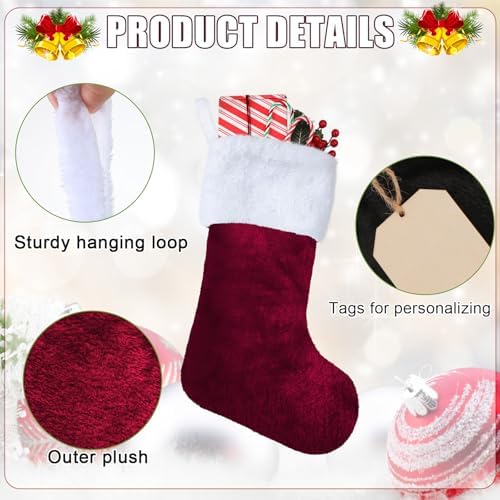8 Set Christmas Stockings 18 Inch with Wood Name Tags, Burgundy - Image 3