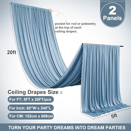 2 Panels 5ft(W) x 20ft(H) Dusty Blue Ceiling Drapes for Wedding Parties - Image 6