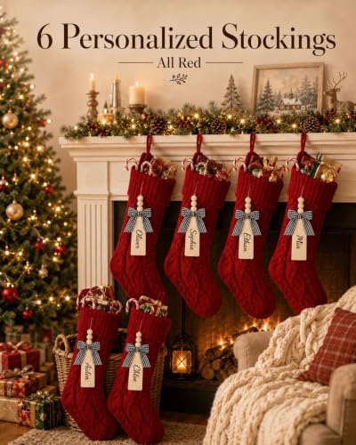 houscly 18 Inch Personalized Knitted Christmas Stockings, 6 Pack All Red - Image 2