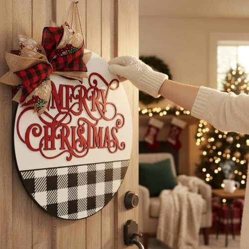 Wood front door sign Wood sign Home decor Welcome sign Sign for front door House warming gift Wedding gift (B/W Plaid-Plaid Christmas-DS087(NC) P002, 30" Width) - Image 3