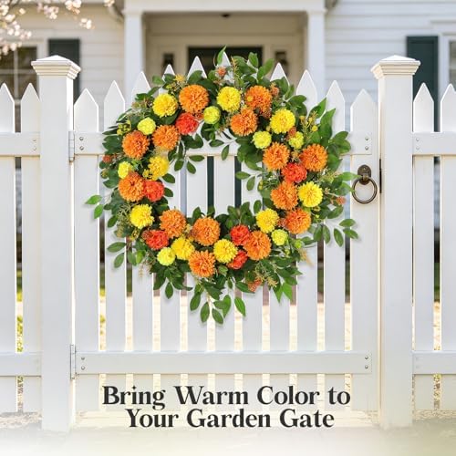 26" Large Summer Fall Wreath for Front Door, Artificial Orange Yellow Marigold Floral Wreath with Green Leaves, Flower Wreath for Home, Rustic, Farmhouse, Indoor, Outdoor Décor - Image 4