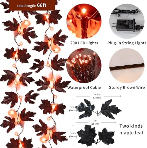 66ft Handmade 200 LED Halloween Garland,Artificial Maple Leaves String Lights Decor for Thanksgiving Fall Garland Decor lighted garland for Firepalce Winter Holiday Indoor Outdoor Room Autumn Harvest - Image 2