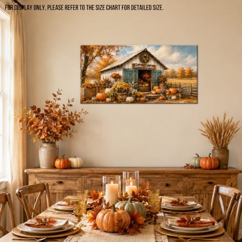 WAXWHELK Fall Canvas Wall Art Rustic Farmhouse Barn Painting Pictures with Pumpkins Mums and Gather Together Sign, Autumn Thanksgiving Home Decor Artwork for Living Room Bedroom, (24"x47") - Image 4