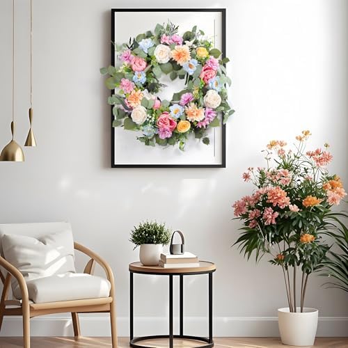 Spring Wreaths for Front Door,Summer Wreath with Peony Rose and Dahlia Flowers,24 Inch Floral Door Wreath for All Seasons Outside Outdoor Indoor Wall Wedding Holiday Home Decor - Image 5