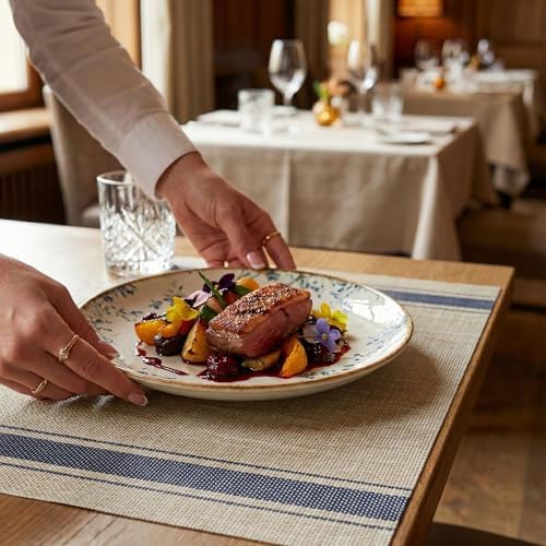 Restaurantware French Countryside 16 x 12 Inch Dining Table Placemats Set Of 6 Heat-Tolerant Kitchen Table Mats - Navy Stripe No Stain Khaki Vinyl Woven Rectangle Placemats Easy To Clean - Image 5