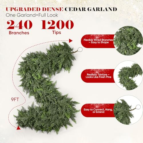 9FT Thick Christmas Garland with 240 Cedar Branches, Real Touch Green Cedar Garland for Christmas Decorations, Artificial Greenery Garland for Table, Mantle, Wall, Indoor, Outdoor Holiday Decor - Image 2