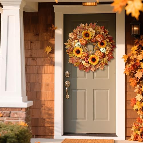 28" Large Artificial Maple Leaves Fall Wreath for Front Door(Orange-Yellow) - Image 3