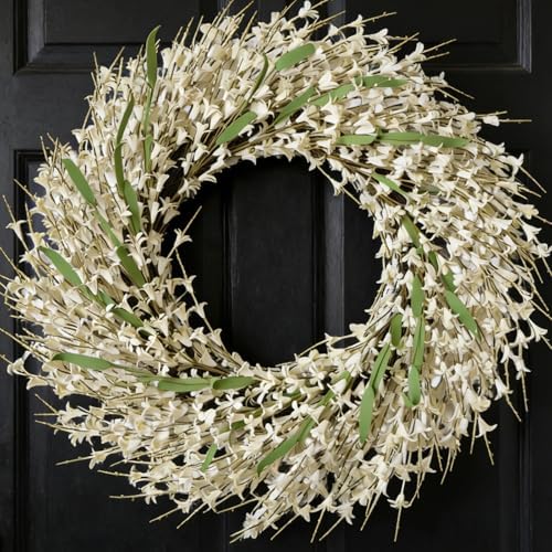 26 Inch Spring Wreaths for Front Door, Large Artificial Forsythia Flowers Wreath, Spring Summer Floral Wreath All Season for Home, Wall, Window, Porch, Wedding, Farmhouse Decor (White) by Bibelot