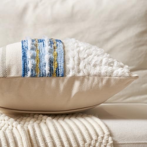 Aeckself Boho Chenille Tufted Throw Pillow Covers 18x18 Inch Set of 2, Farmhouse Decorative Striped Square Pillow Covers Accent Neutral Pillowcase for Living Room Couch Bed, Blue - Image 3