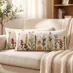 AVOIN colorlife Spring Summer Floral Daisy Embroidered Throw Pillow Covers, 14 x 36 Inch Beige Colorful Flowers Decor Tufted Patterned Linen Cushion Case for Sofa Couch Set of 2 - Image 2
