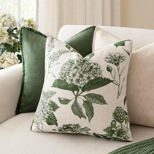 Foindtower Set of 2 Linen Floral Throw Pillow Covers Neutral Vintage Print Decorative Cozy Cushion Covers Farmhouse Boho Home Decor for Sofa Chair Couch Bedroom Living Room,24×24 Inch,Dark Green - Image 4