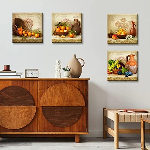Kitchen Wall Decor 4-Piece Vintage Fruit Still Life Canvas Art 12x12 Inch - Image 3