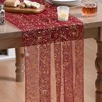 Artoid Mode 10Pcs Burgundy Gauze Gold Table Runner 10FT, Glitter Metallic Foil Sheer Dining Wedding Anniversary Holiday Table Decor for Home Party by ArtoidMode