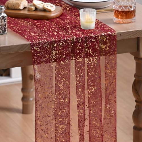 Artoid Mode 10Pcs Burgundy Gauze Gold Table Runner 10FT, Glitter Metallic Foil Sheer Dining Wedding Anniversary Holiday Table Decor for Home Party by ArtoidMode