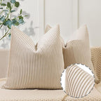 YCOLL Beige Pillow Covers 24x24 Set of 2 Velvet Striped Pattern - Soft Throw Pillows for Home Decor, Luxury Decorative Pillow Covers for Couch, Bed,Living Room by PillowCoversExpert