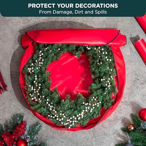 HOLDN’ STORAGE Premium Wreath Storage Bag - Durable Material - Waterproof - Heavy-duty Christmas Storage Container for Xmas Wreath with Dual Zipper Closure, Tear-proof, 48"W x 8"D - Red - Image 6