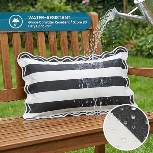 Black and White Striped Scalloped Outdoor Lumbar Pillow Covers 12x20 - Image 2