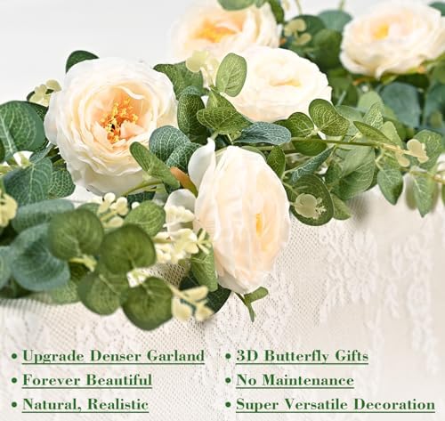 13 Ft Champagne Fuller Flower Garland with Light Butterfly, Fake Rose Vine - Image 7